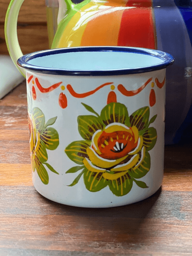 Vintage Enamel Mug hand painted with Canal Art Roses