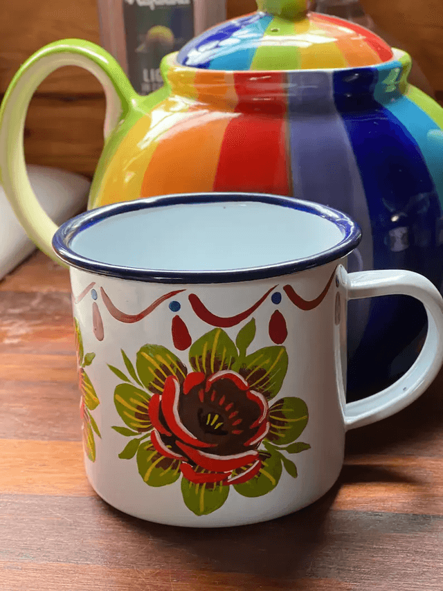 Vintage Enamel Mug hand painted with Canal Art Roses