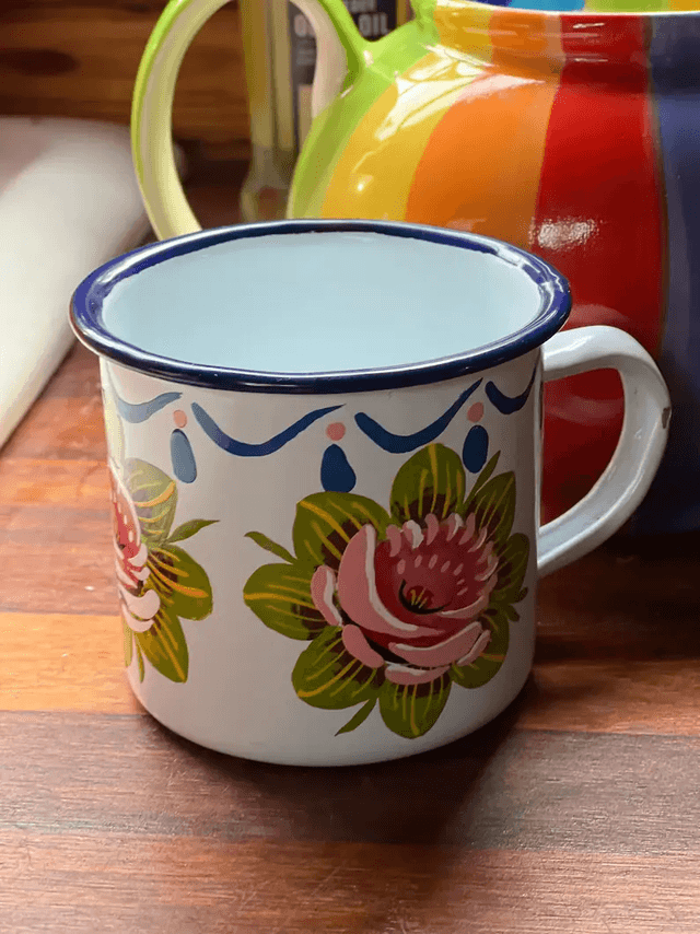 Vintage Enamel Mug hand painted with Canal Art Roses